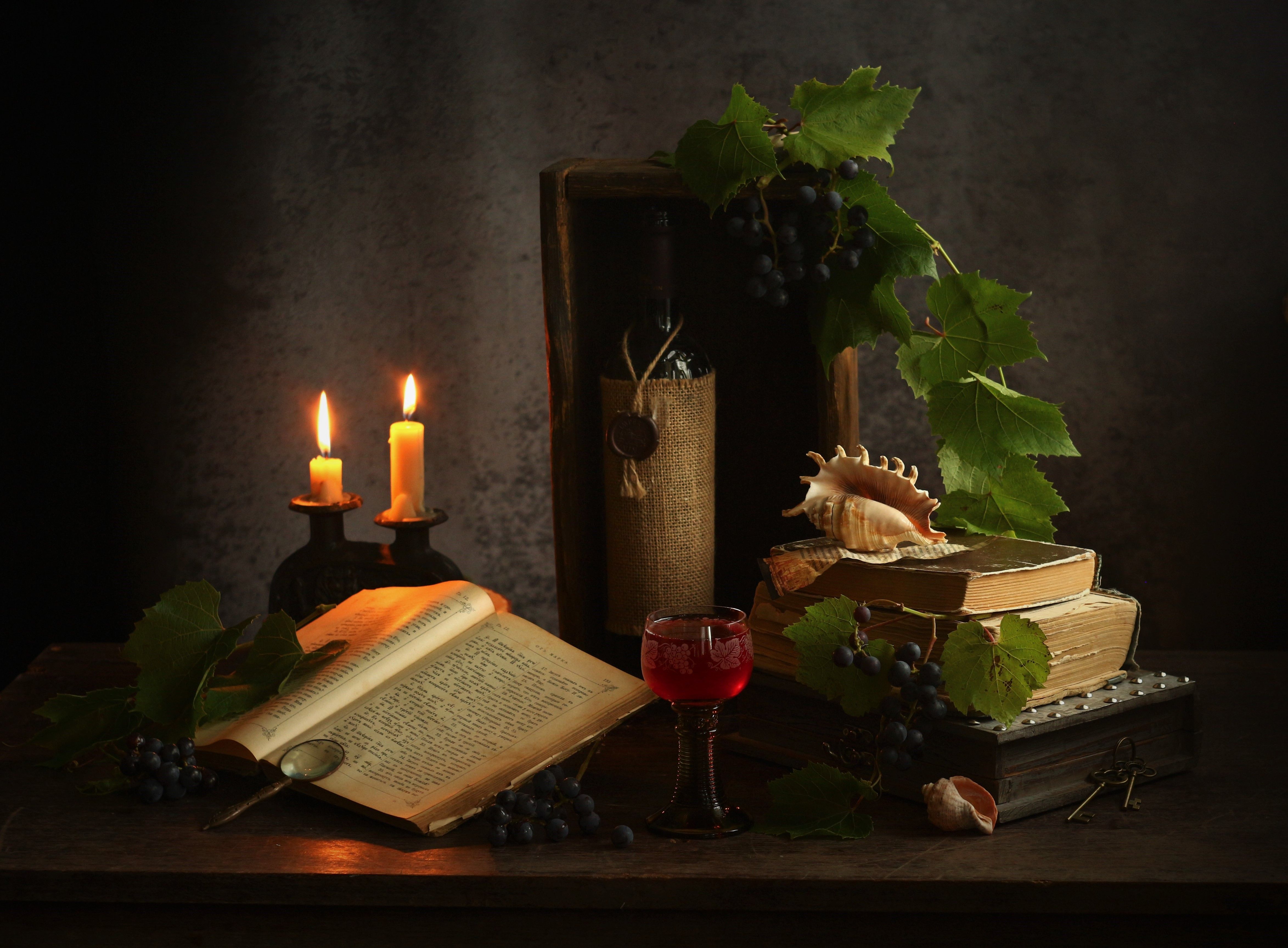 книги, свеча, бутылка, бокал , виноград, листья..., Людмила Хрусталева*
