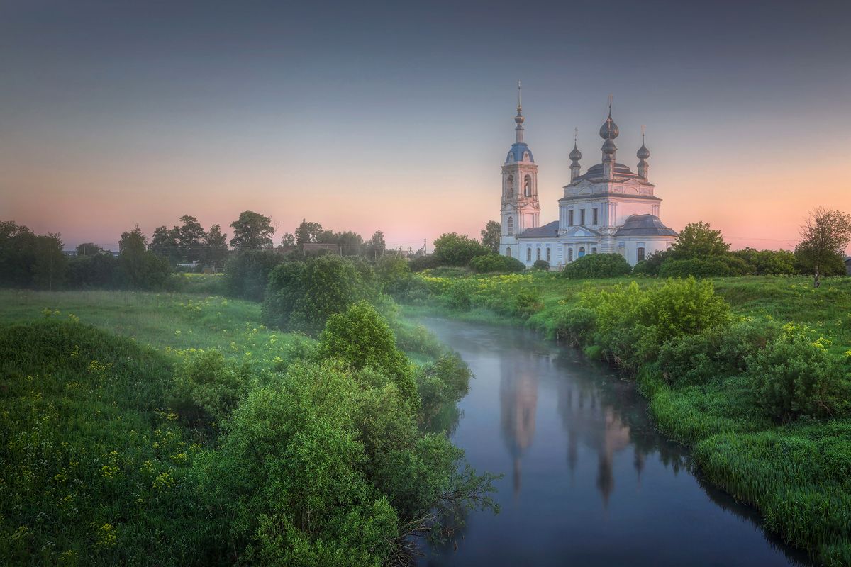 пейзаж река деревня храм православие лето рассвет, Александр Бархатов