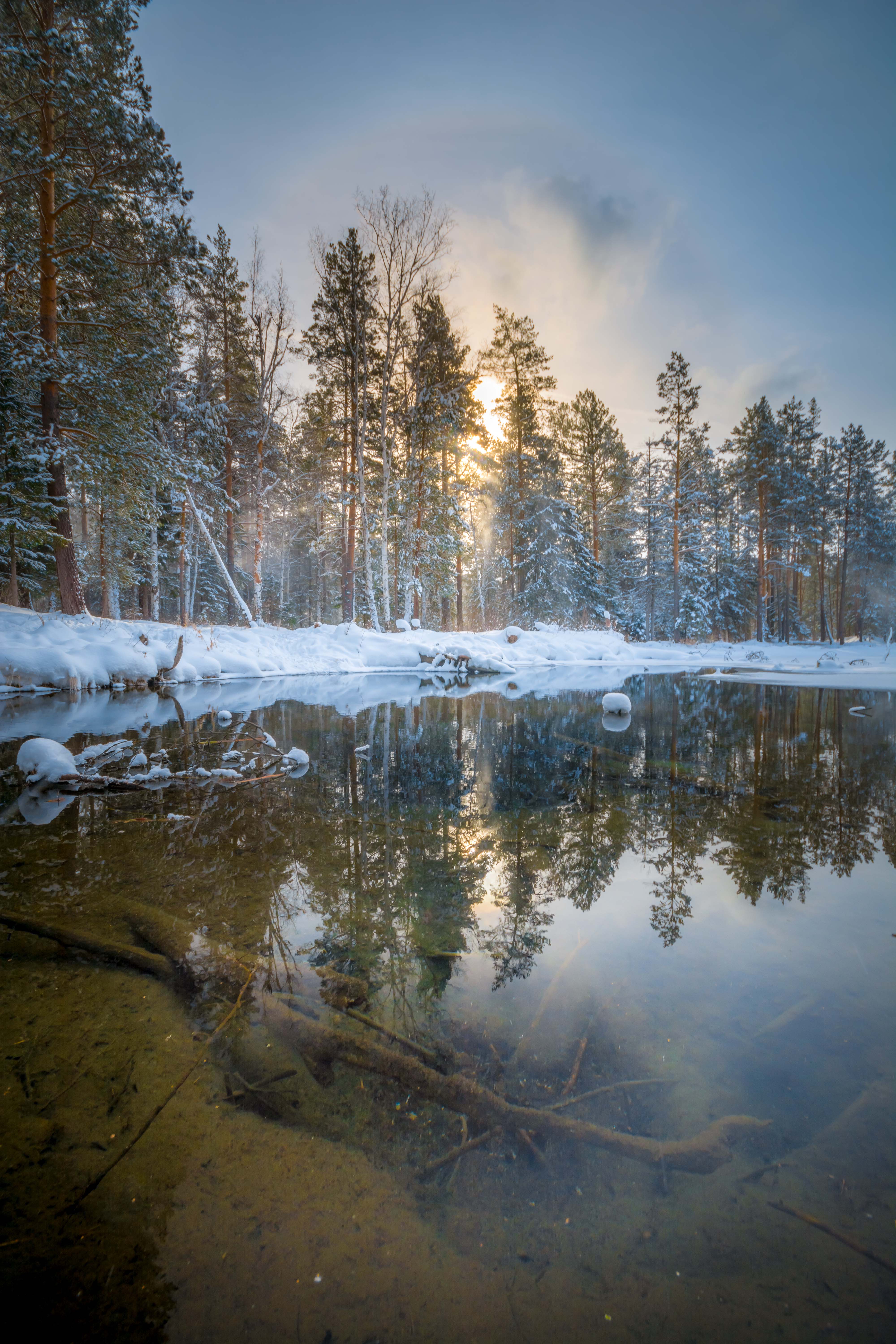 зима лес озеро солнце, Жданов Дмитрий