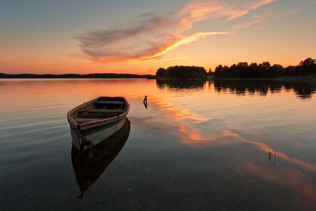 Boat, Lake, Masuria, Mirror, Poland, Sky, Sokol, Sunset, Warmia, Lukasz