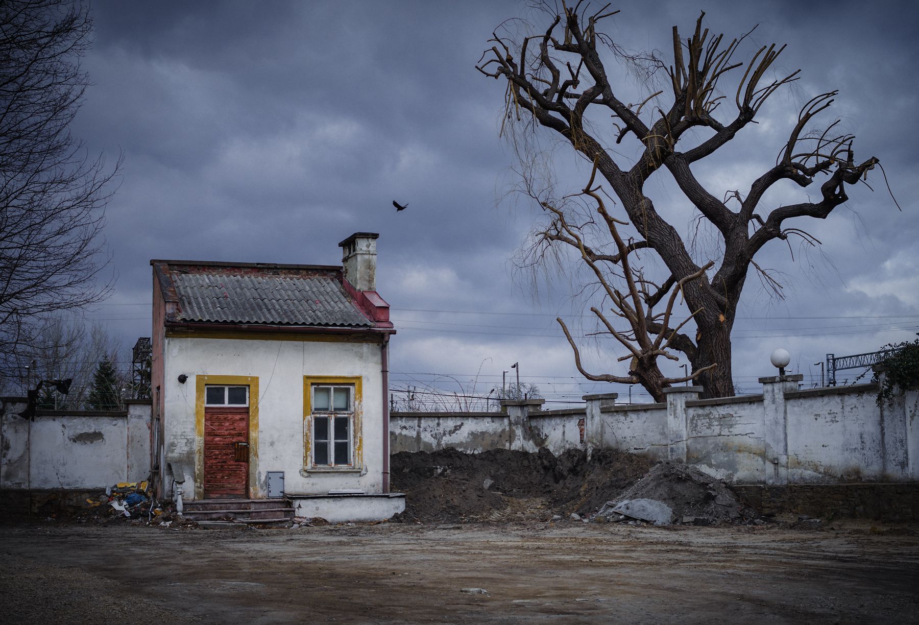 house, gloomy, sadness, war, sky, clouds, tree, window, door, wall, przemyśl,  Mirosław Pruchnicki