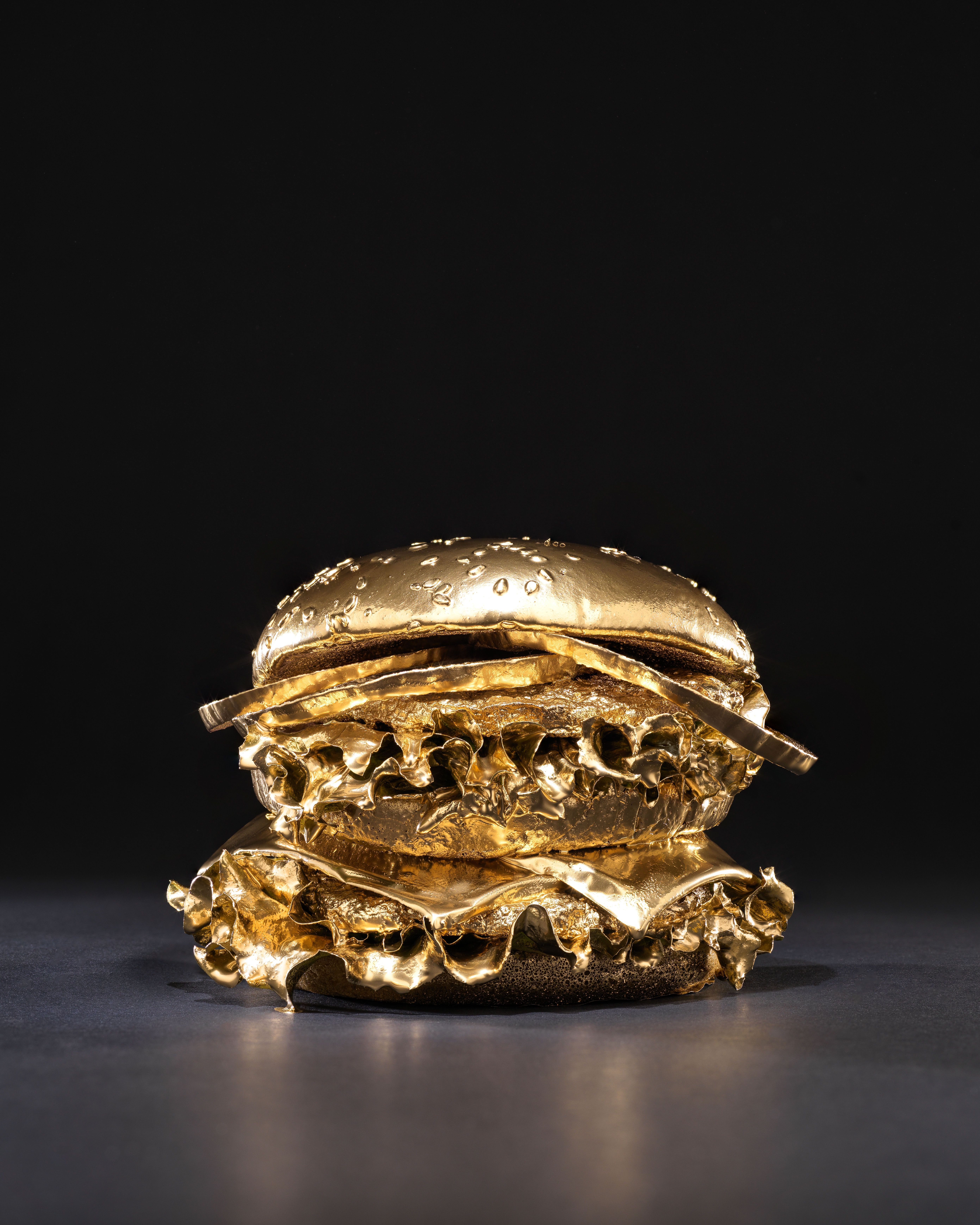 gold, burger, studio, hasselblad, black background, food, Aleksandr Balakin
