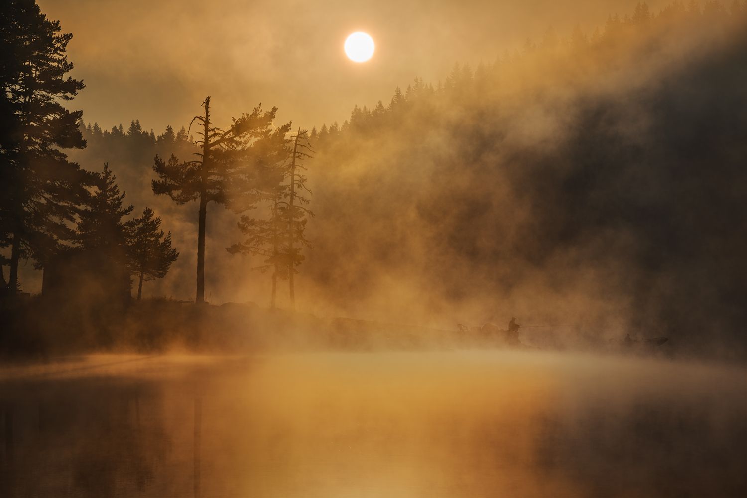 landscape nature scenery summer sunrise morning dawn lake reflection fog foggy mist misty clouds mountain trees пейзаж рассвет горы озеро, Александър Александров