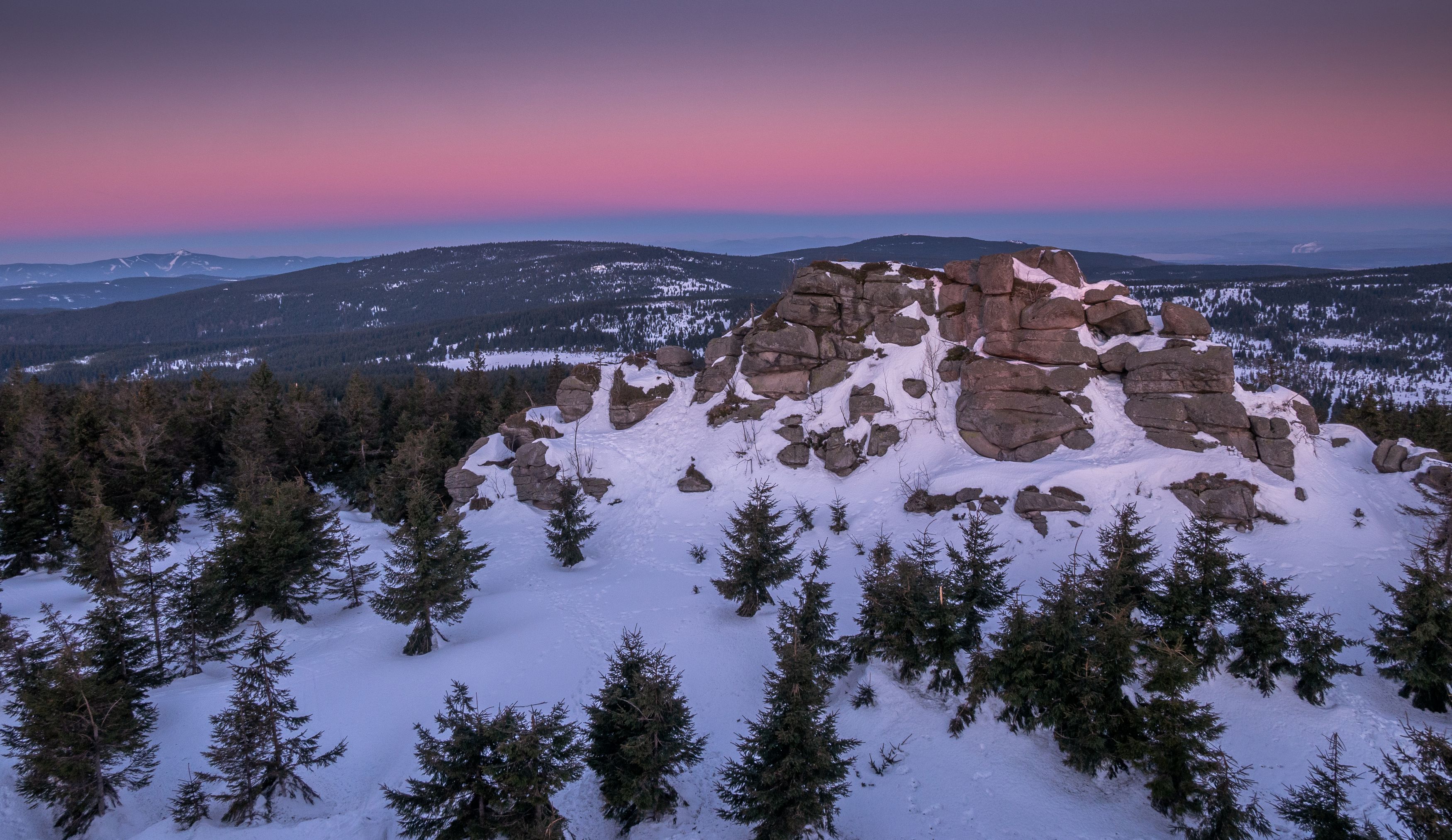 snow,sunrise,twilight,winter,landscape,nature,czechia,czech,rocks,forest,view, Slavomír Gajdoš
