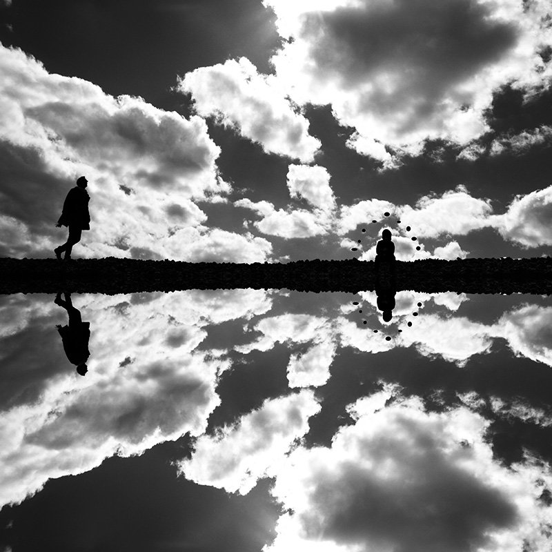 concept, conceptual, fine art, human, milad safabakhsh, black and white, human, reflection, statue, clouds, milad safabakhsh