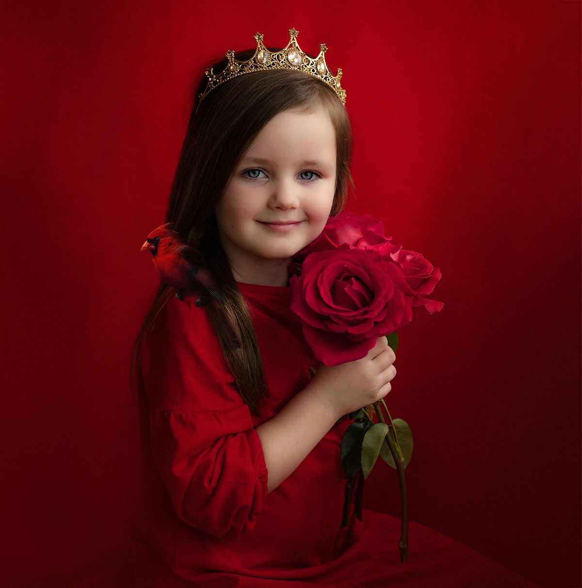 розы, птица, fineart, дети, девочка, красный, корона, принцесса, портрет, девочка, Тимохина Юлия
