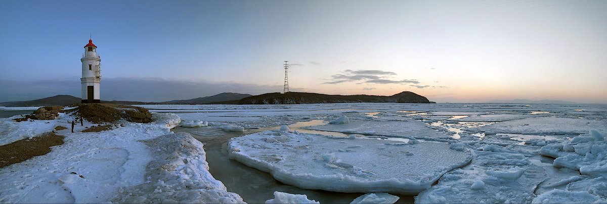 токаревский, маяк, панорама, море, лёд, Дмитрий Корнилов