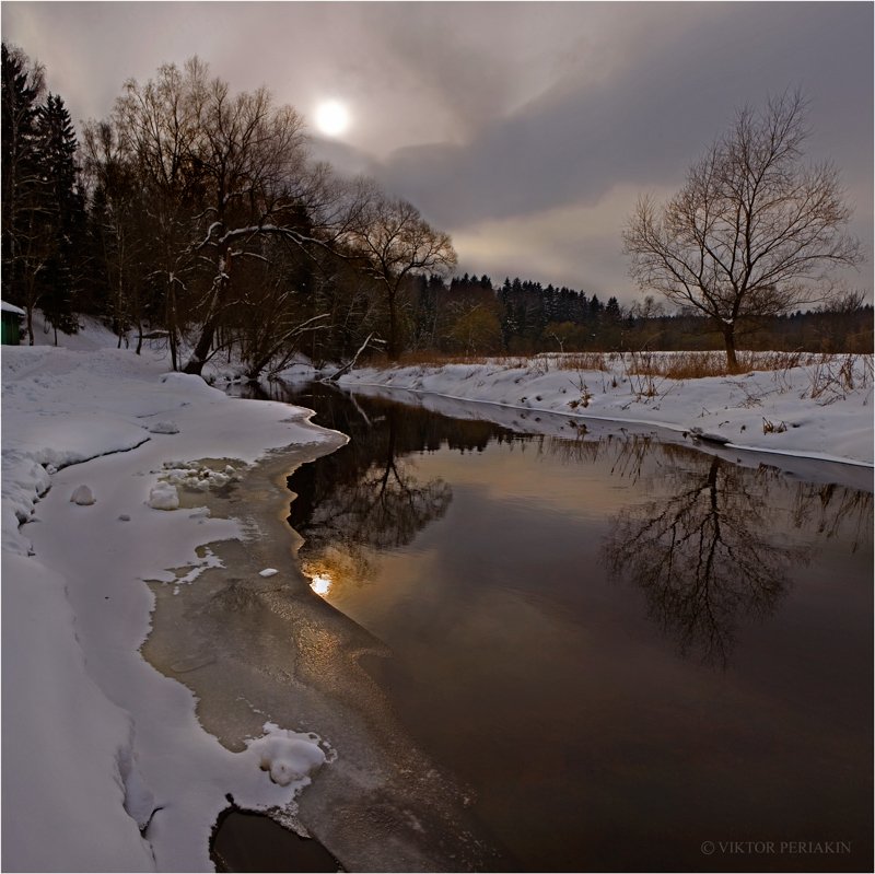 река, десна, снег, вечер, берега, Виктор Перякин