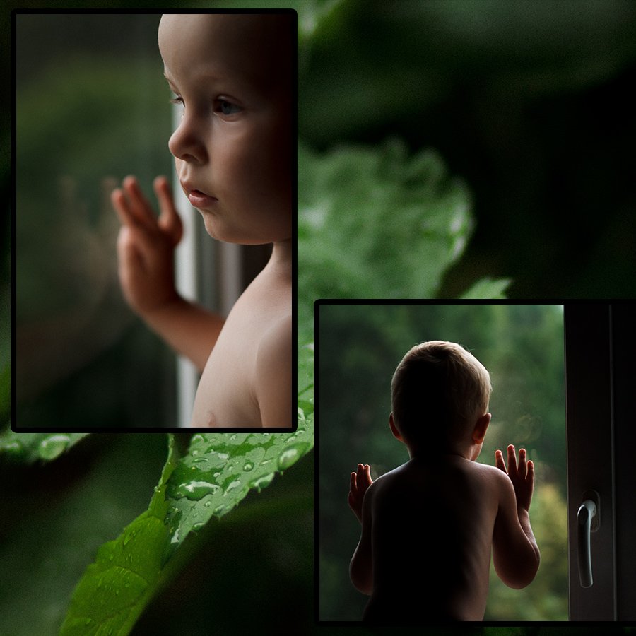диптих, дождь, зеленый, зелень, мальчик, насыщенный, ненастье, окно, пасмурно, ребенок, триптих, цвет, Антон Горобец