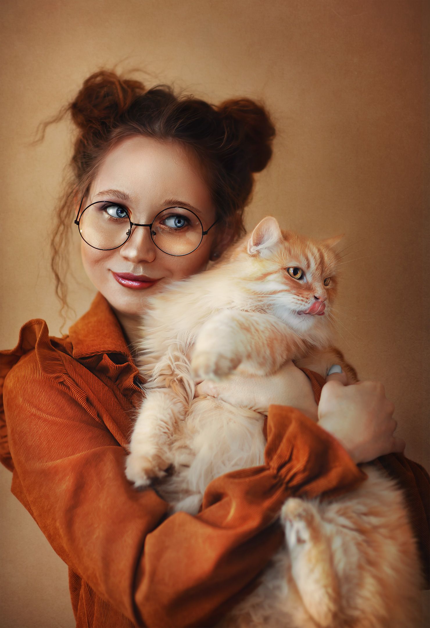 cat, girl, ginger, portrait, art, Алина Аристова