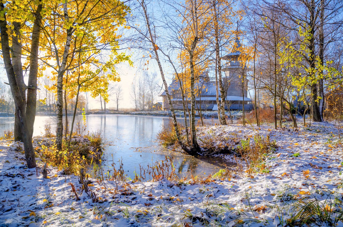 осень, зима, снег, солнце, листва, храм, Виктор Климкин