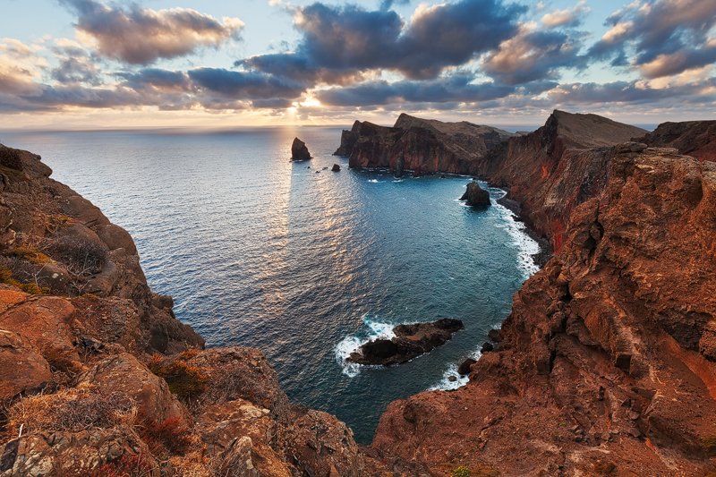 Cliffs, Madeira, Ocean, Rocks, Sea, Shadows, Sky, Sun, Sunrise, Volcanic, Martin Rak
