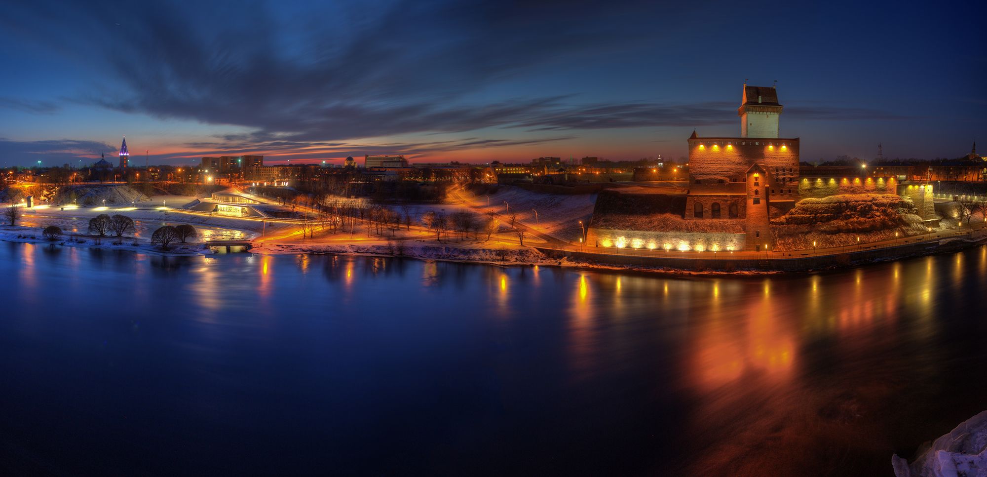 нарва, вечер, зима, река, город, замок, панорама, Сергей Четвертной