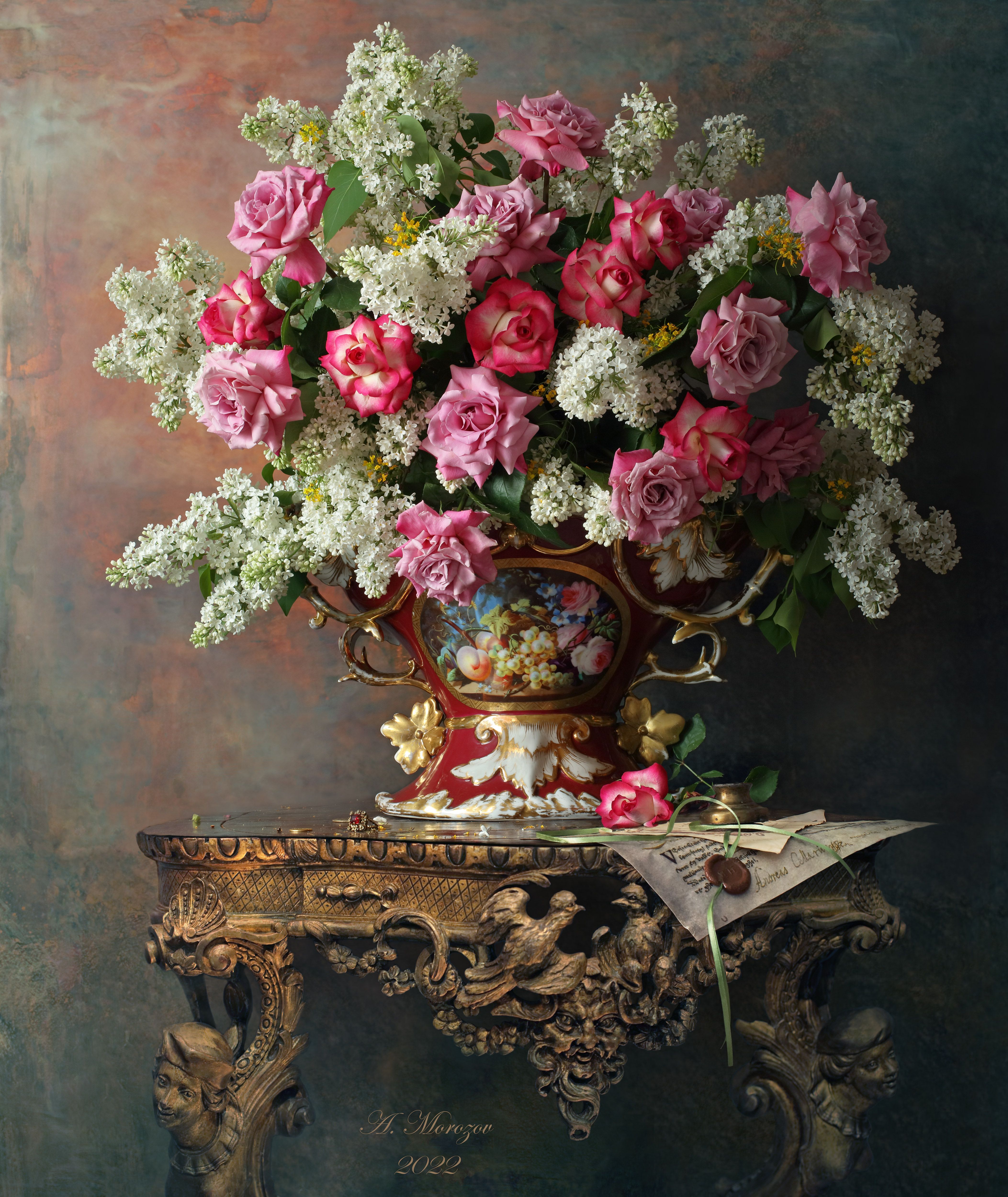 цветы, розы, сирень, ваза, стол, Андрей Морозов
