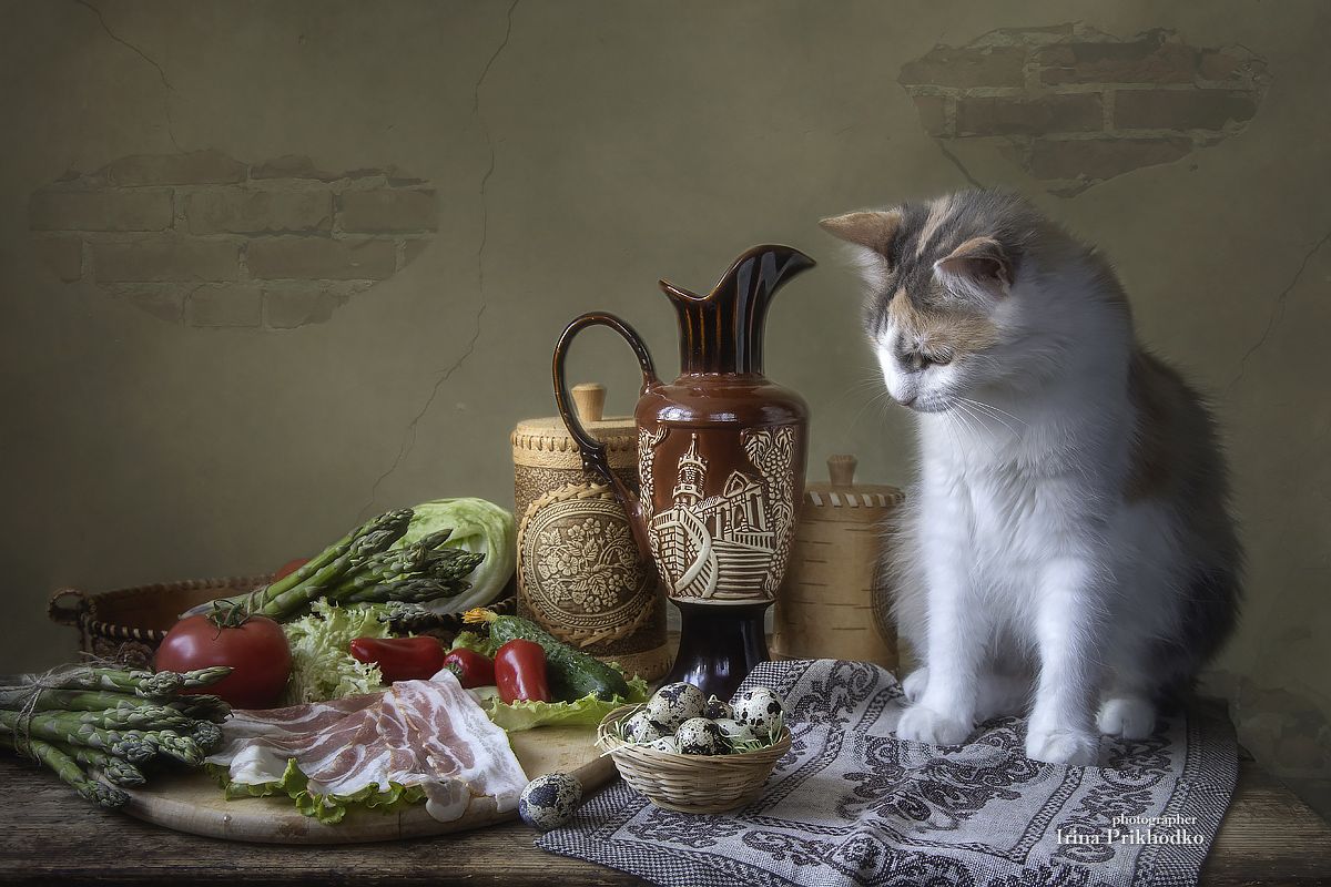 натюрморт, постановочное фото, котонатюрморт, еда, спаржа. бекон, овощи, кошка, Приходько Ирина