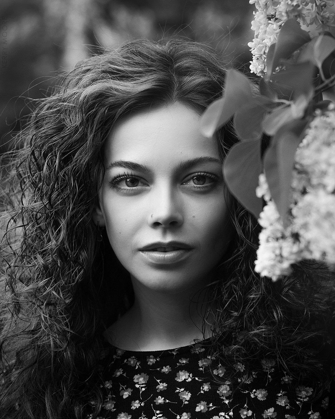 portrait, girl, black and white, bw, face, eyes, hair, model, head, flowers, lilac, nikon,  Kerry Moore