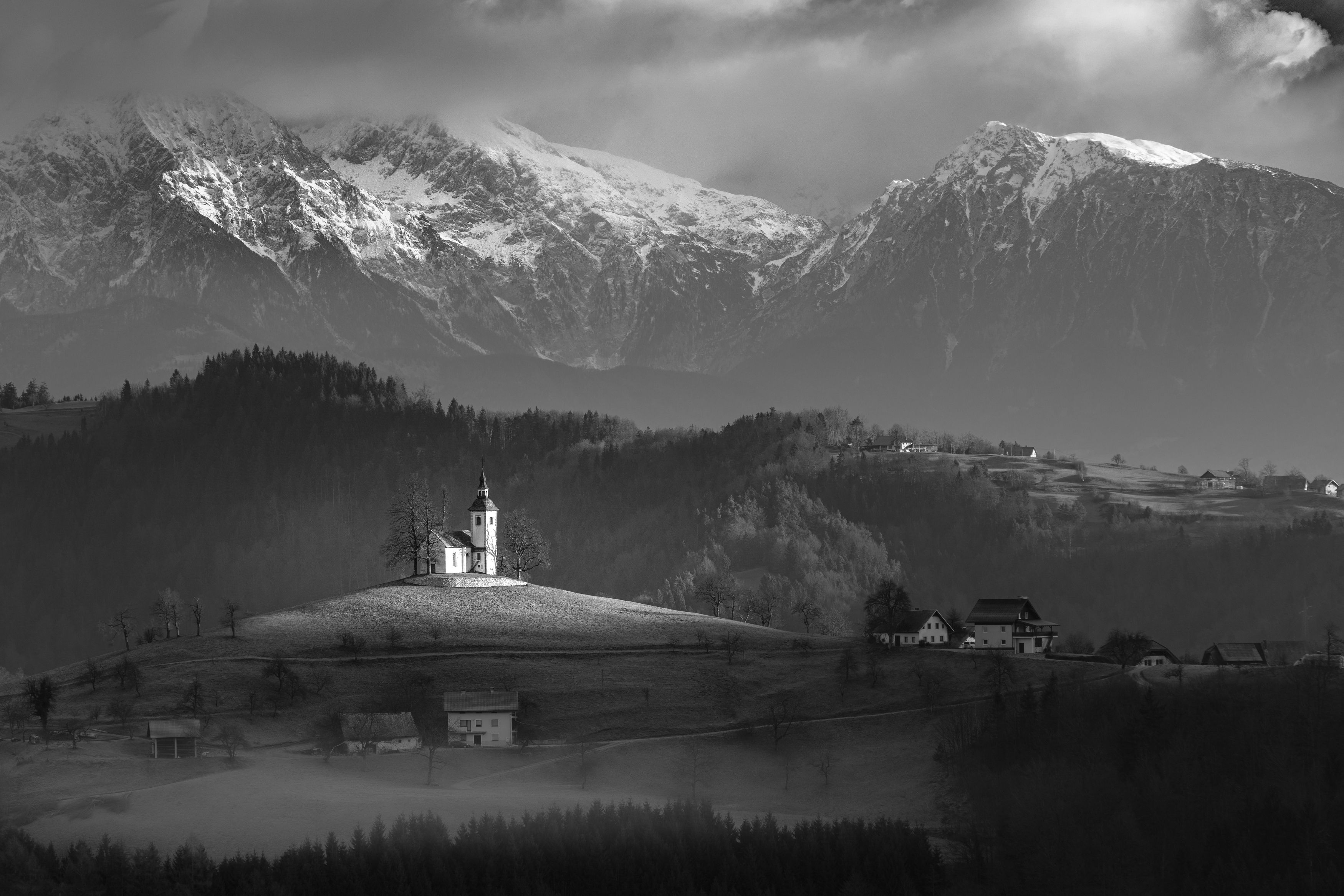 church, cathedral, temple, mountains, black and white, landscape, slovenia, Roman Bevzenko