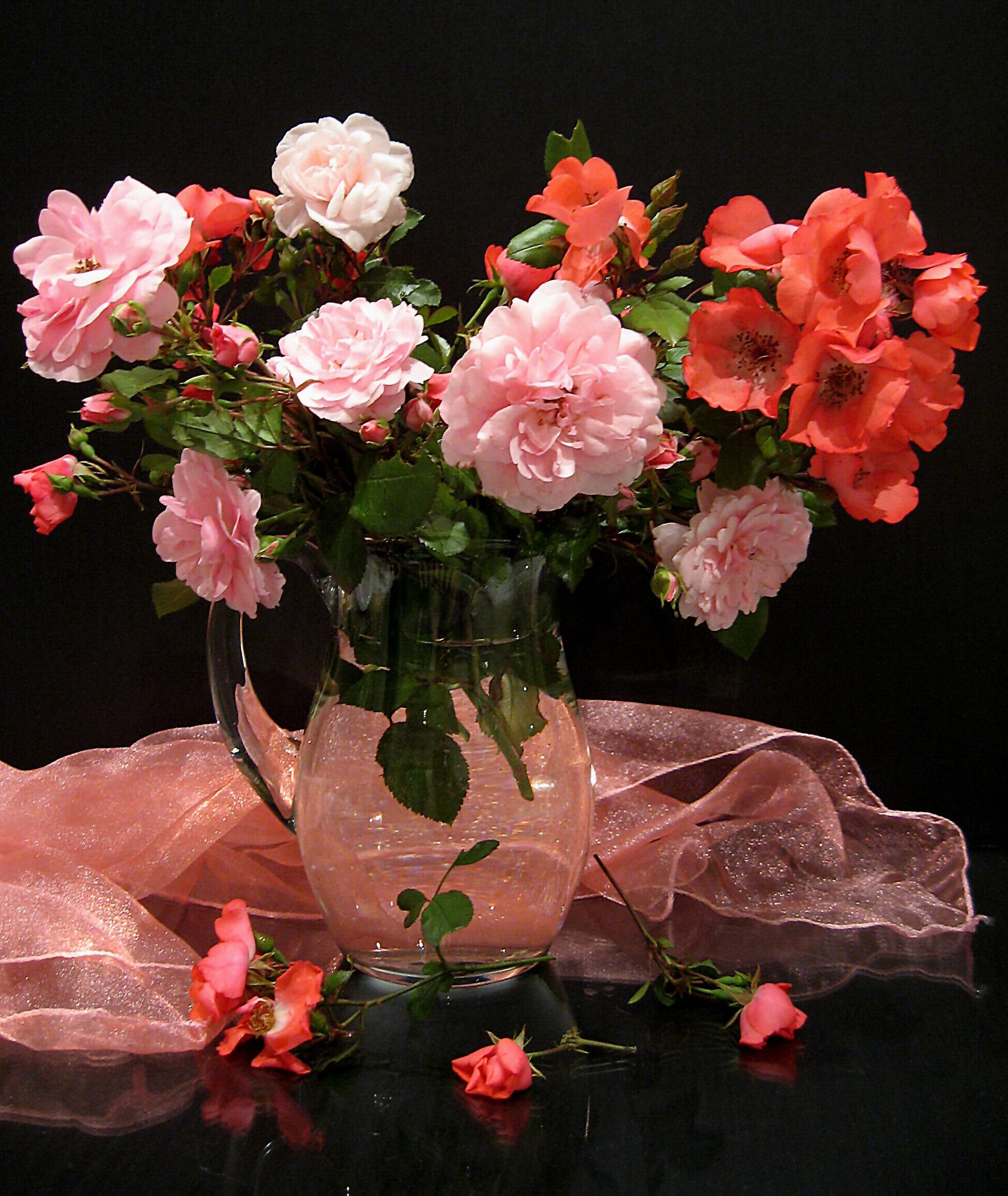 цветы, букет, розы, платок, розовый цвет, кувшин, стекло, Наталия Тихомирова