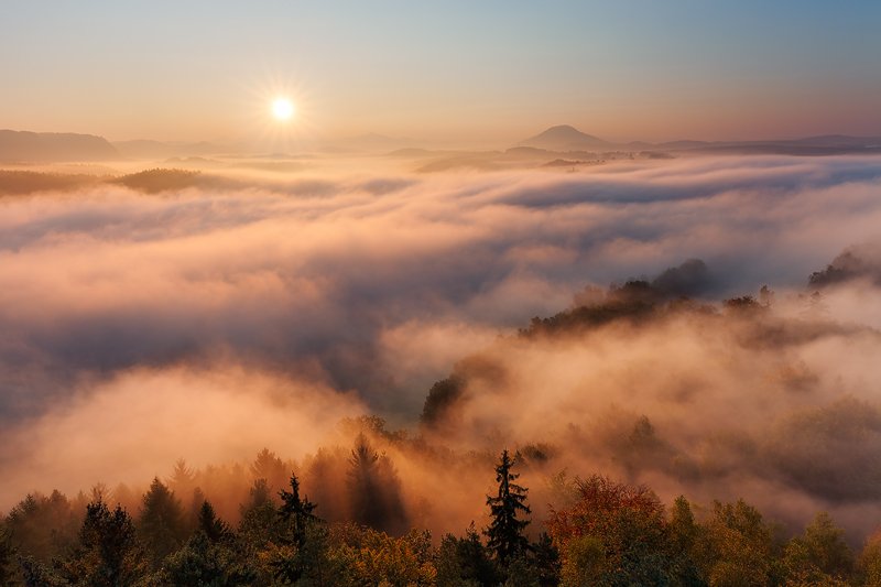 Autumn, Bohemian switzerland, Elbsandsteingebirge, Fall, Fog, Hills, Light, Mist, Saxon switzerland, Sunrise, Martin Rak