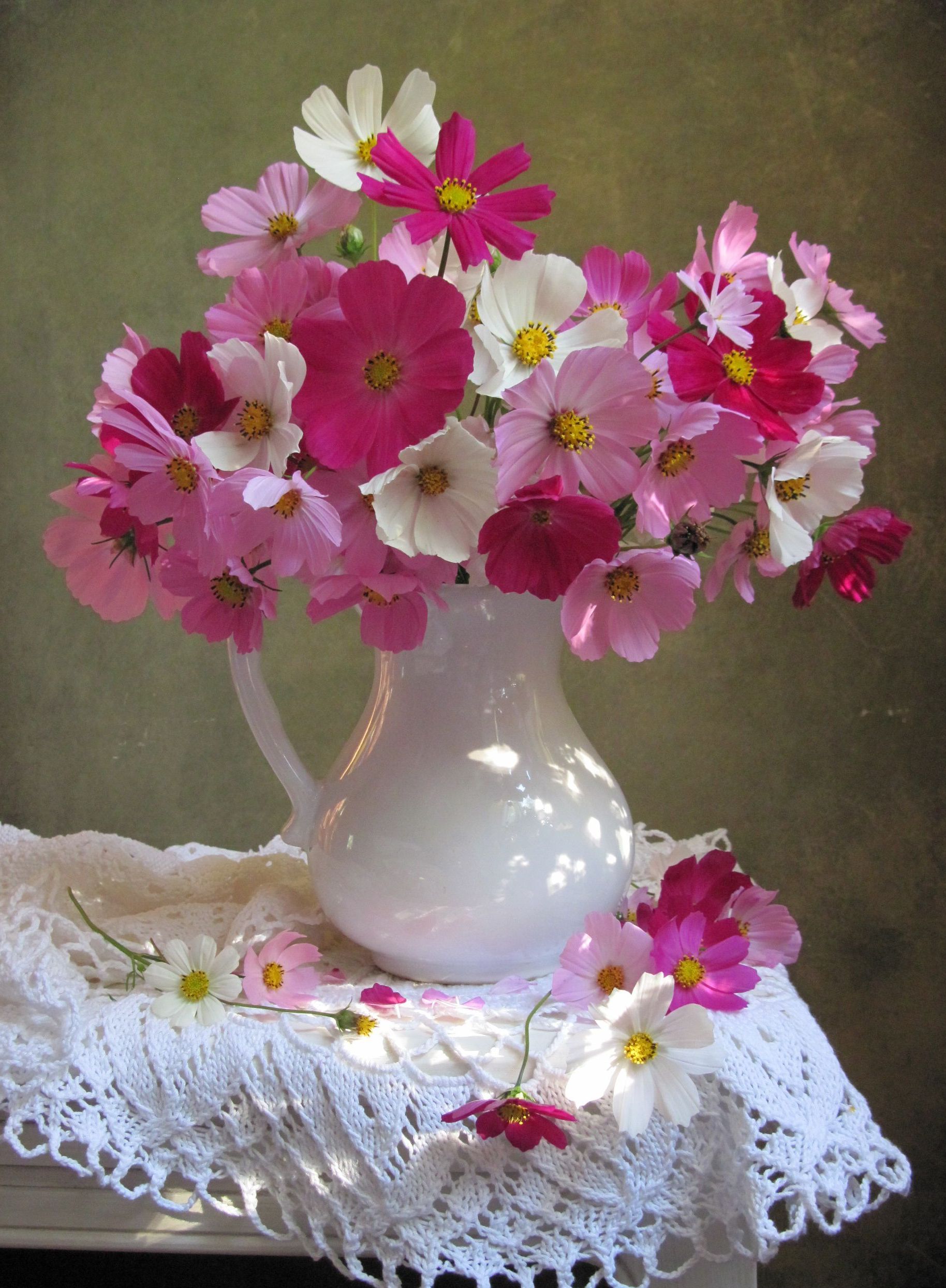 цветы, букет, космея, кувшин, салфетка, Наталия Тихомирова