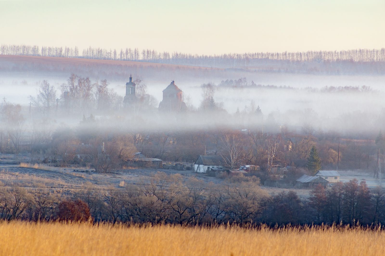 утро, туман, село, сонливость, пейзаж, Юрий Морозов
