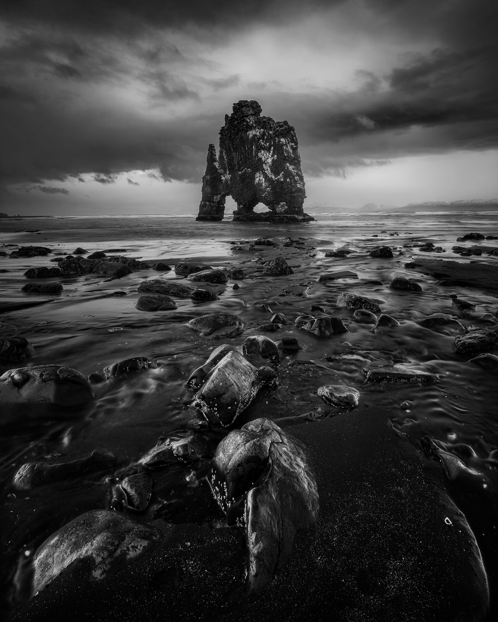 Landscape seascape black and white iceland Hvitserkur dark mood , Stefano Balma