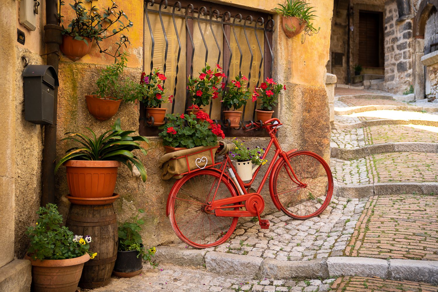 борго, город, италия, велосипед, цветы, герани, красный, Максимова Дария