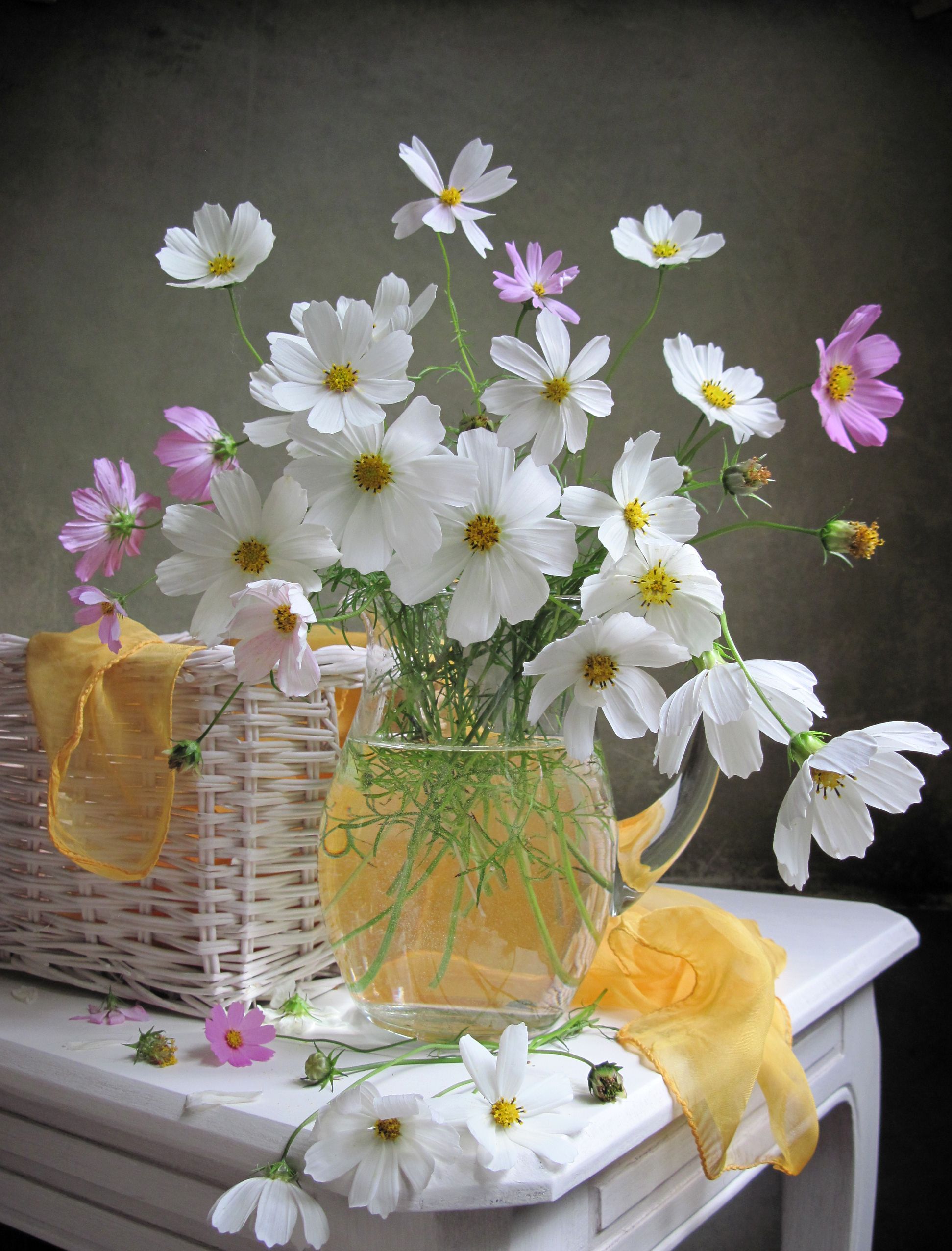 цветы, букет, космея, кувшин, кашпо, шарф, Наталия Тихомирова
