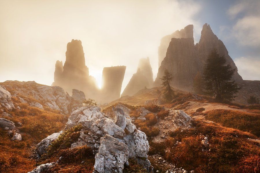 Autumn colors, Cinque Torri, Dolomiten, Dolomites, Dolomiti, Fog, Italia, Italiea, Italy, Mist, Morning, Mountains, Roks, Stone, Towers, Daniel Řeřicha