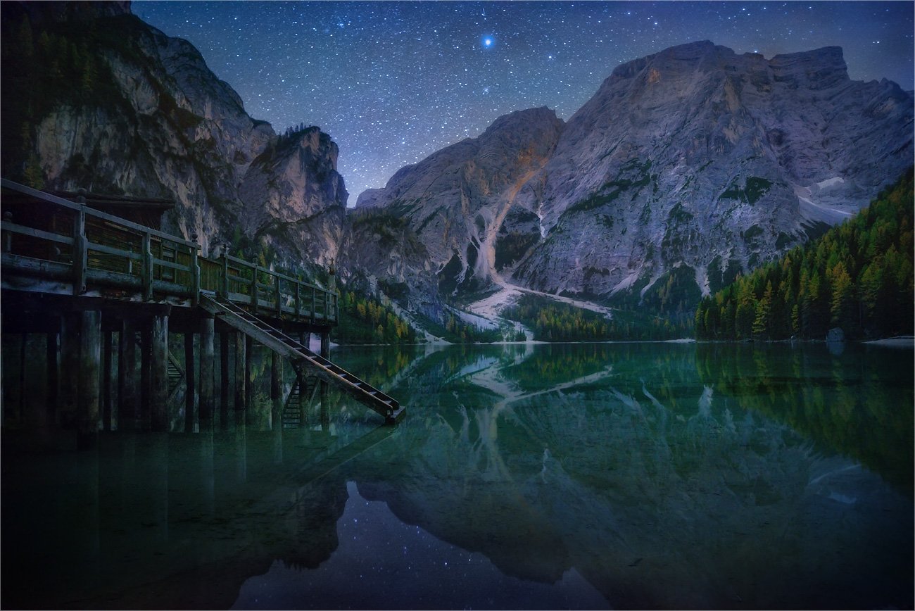Dolomites, Lago di Braies, Вода, Горы, Доломитовые альпы, Звезды, Ночь, Озеро, Причал, Александр Киценко