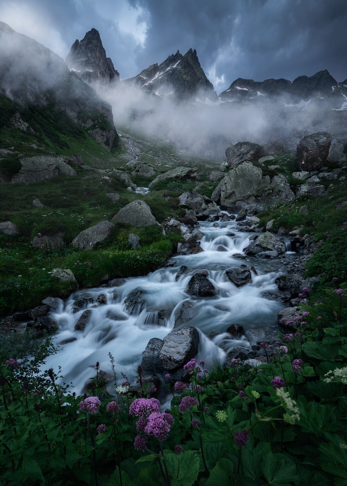 Landscape mountain moody blue hour waterfall river flowers spring, Stefano Balma