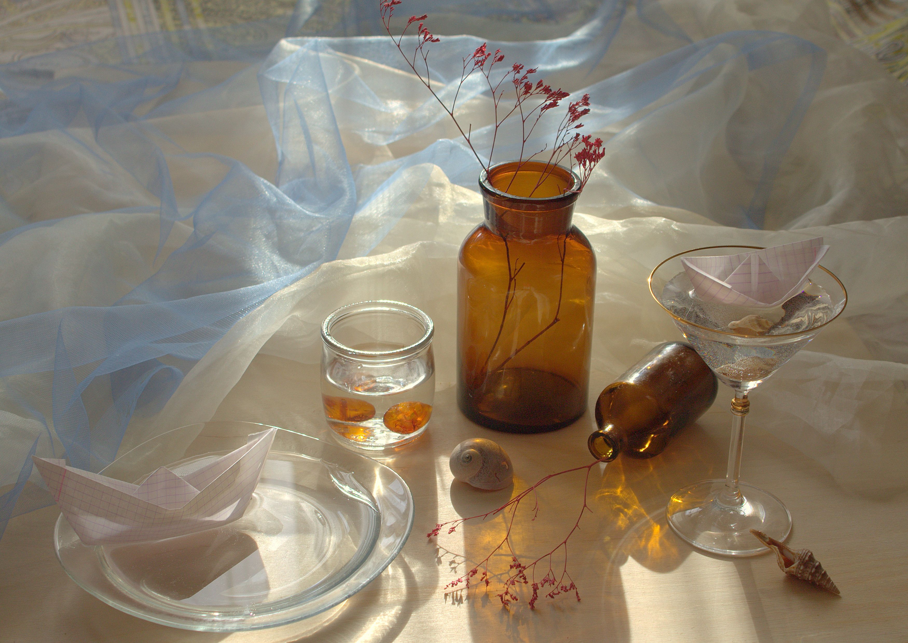 фужер, стекло, бумажный кораблик, бутылка, Наталья Хохлова