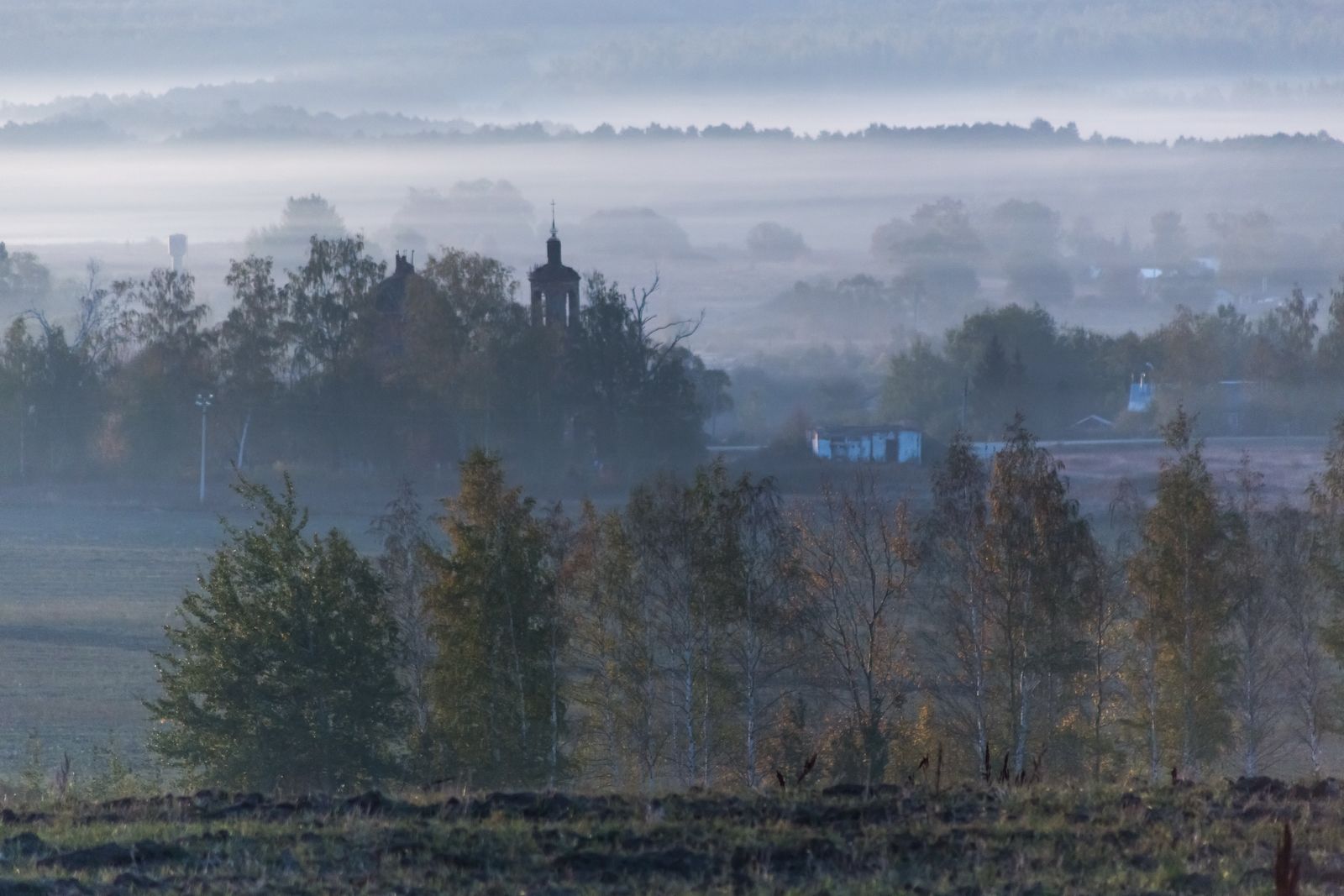 село, утро, туман, осень, лощина, пейзаж, Юрий Морозов
