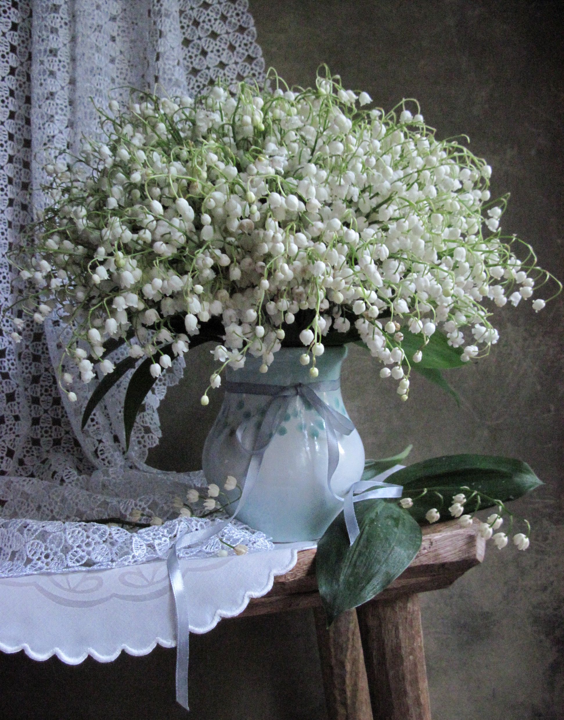 цветы, букет, ландыши, салфетка, кружево, лента, Наталия Тихомирова