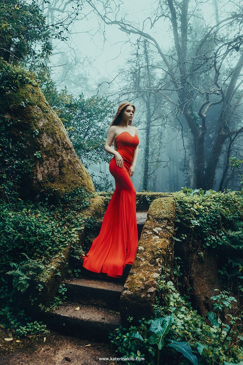 fog, forest, red, lady, woman, girl, dress, sexy, passion, feeling, naturer, dream, muse  , Катерина Клио