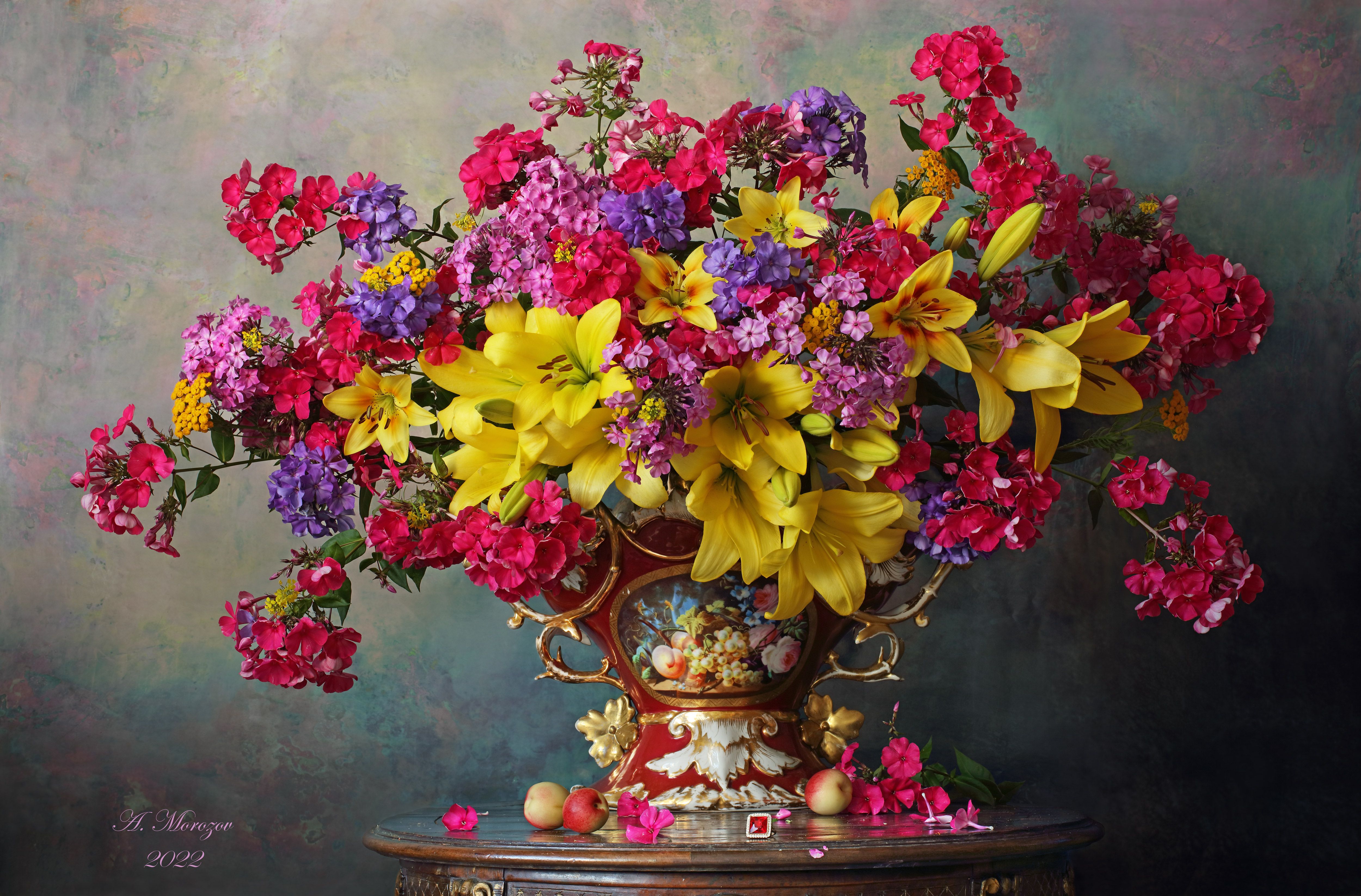 цветы, лилии, флоксы, букет, ваза, красный, желтый, Андрей Морозов