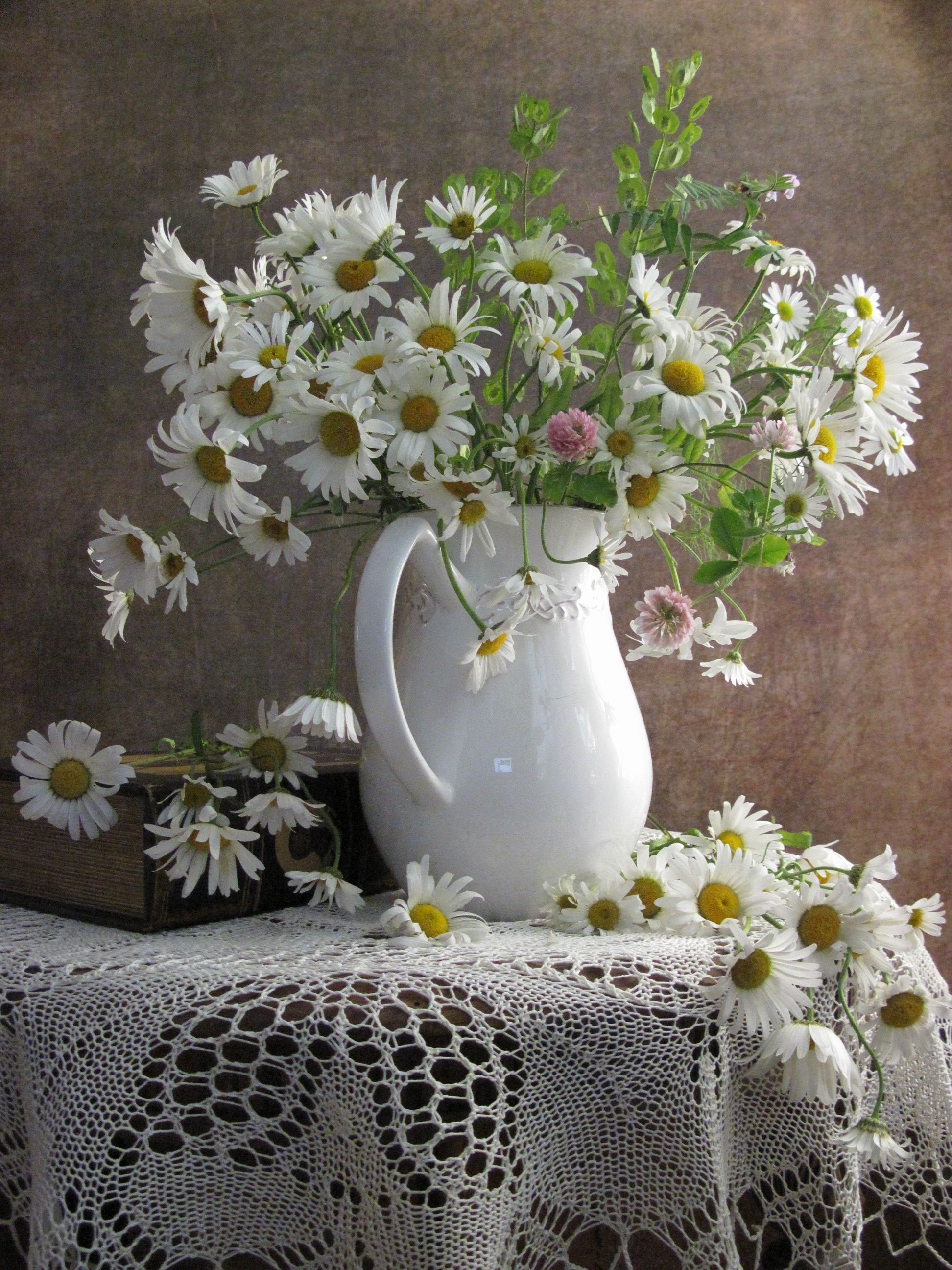 цветы, букет, ромашки, клевер, кувшин, фарфор, салфетка, белый цвет, Наталия Тихомирова