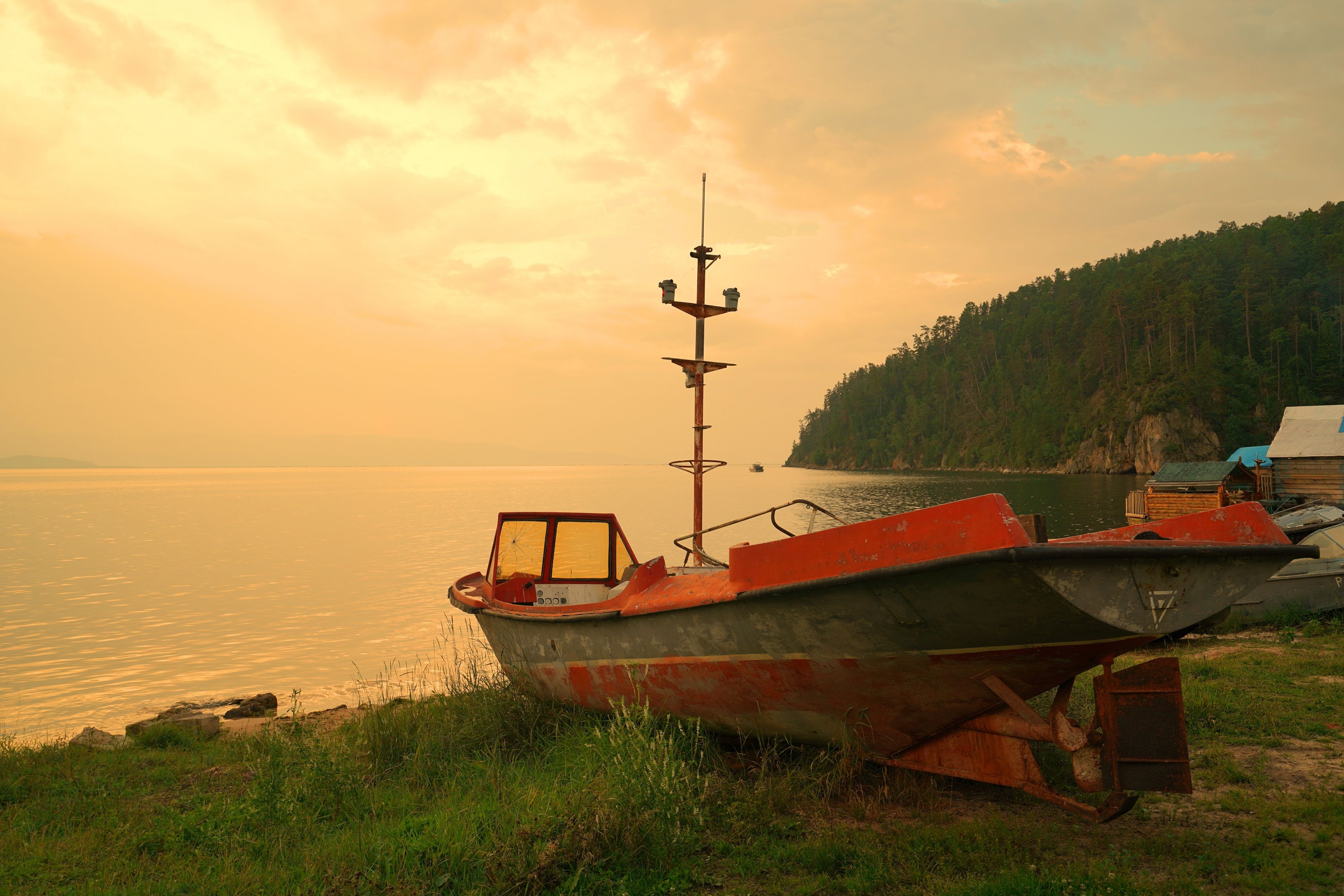 bay, evening, sunset, horizon, boat, lake, landscape, nature, Сергей Андреевич