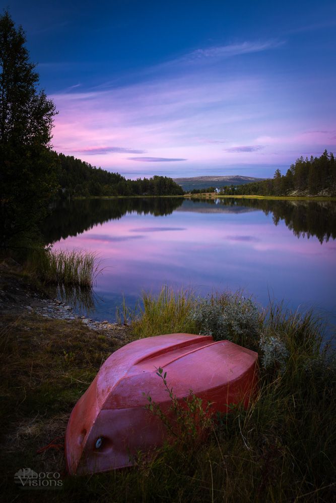 boat,lake,summer,night,evening,violet,norway,scandinavia,forest,nature,landscape,, Photo Visions