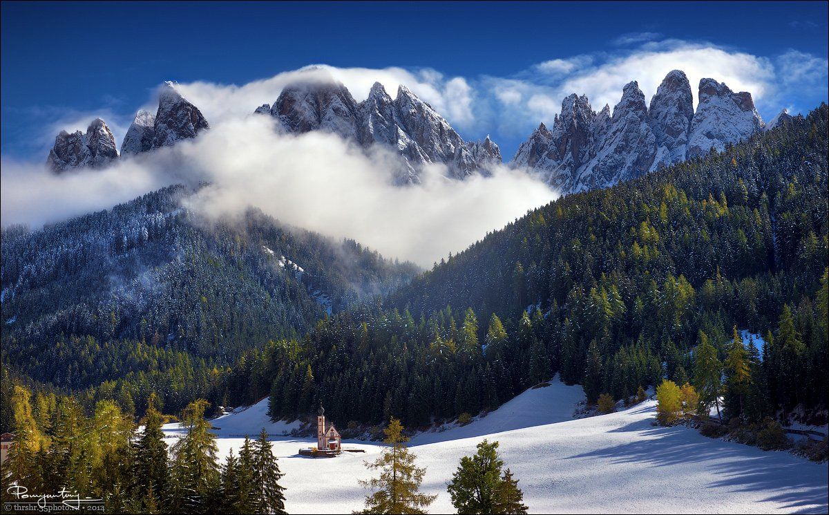 Alps, Church, Dolomites, Geisler, Geislerspitzen, Italy, Mountains, Sankt johann, Santa maddalena, South tyrol, Andrew Thrasher