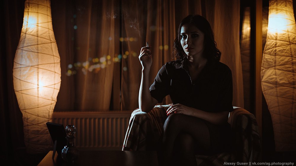 cigarette, city, dark, girl, night, noir, smoke, Алексей Гусев