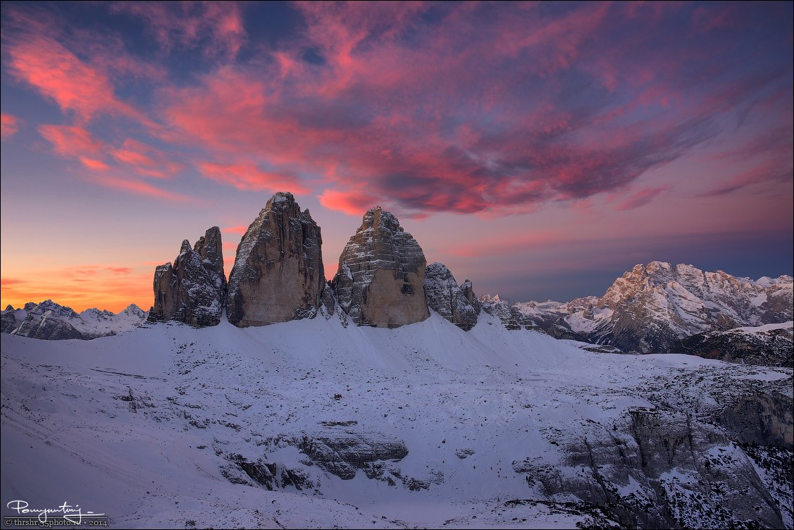Alps, Dawn, Di lavaredo, Dolomites, Drei zinnen, Italy, Mountains, Snow, South tyrol, Sunrise, Three peaks, Tre cime, Andrew Thrasher