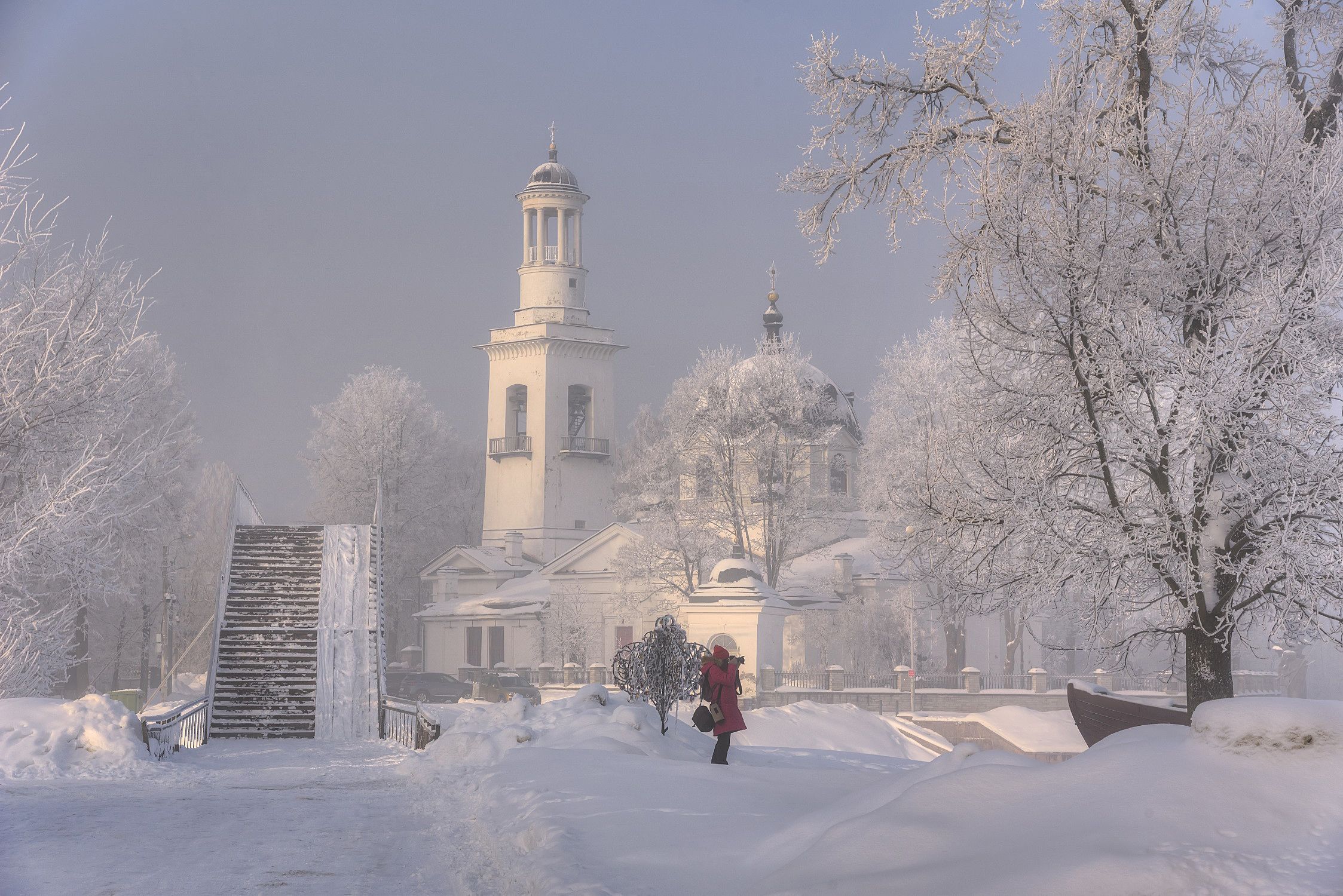 зима, утро, иней, церковь, мост, река, Гармашов Сергей