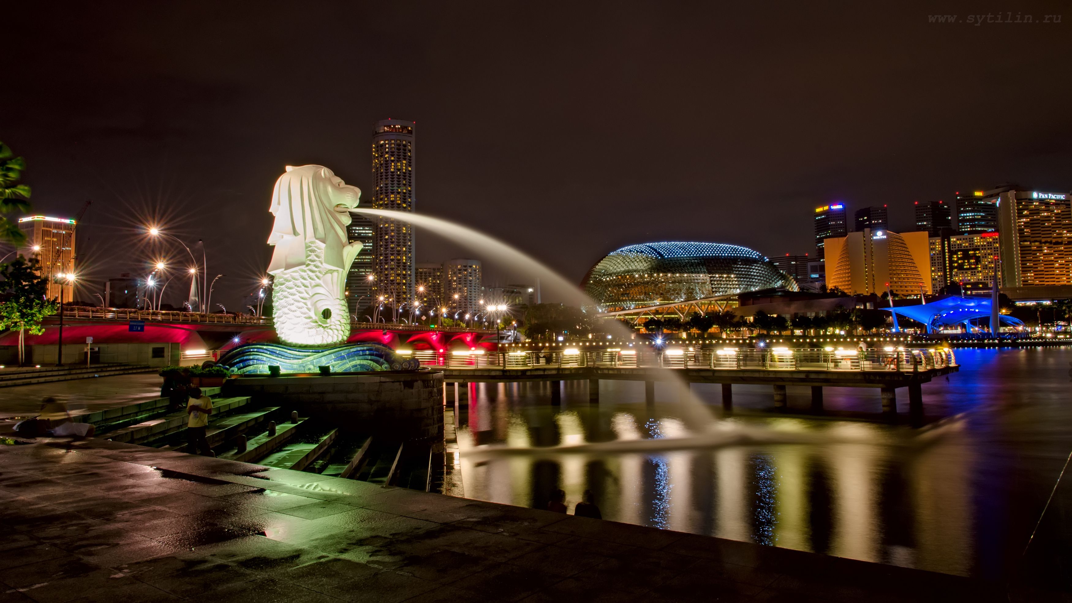 Сингапур, Мерлион, статуя, символ, ночь, яркий, фонтан, достопримечательность, лев, азия, юго-восток, архитектура, ночной, Сытилин Павел