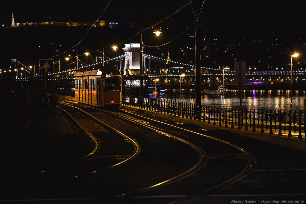 budapest, city, night, tram, Алексей Гусев