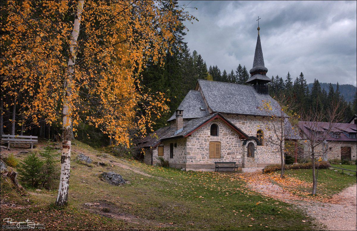alps, autumn, birch, braies, church, dolomites, italy, poetic, Andrew Thrasher