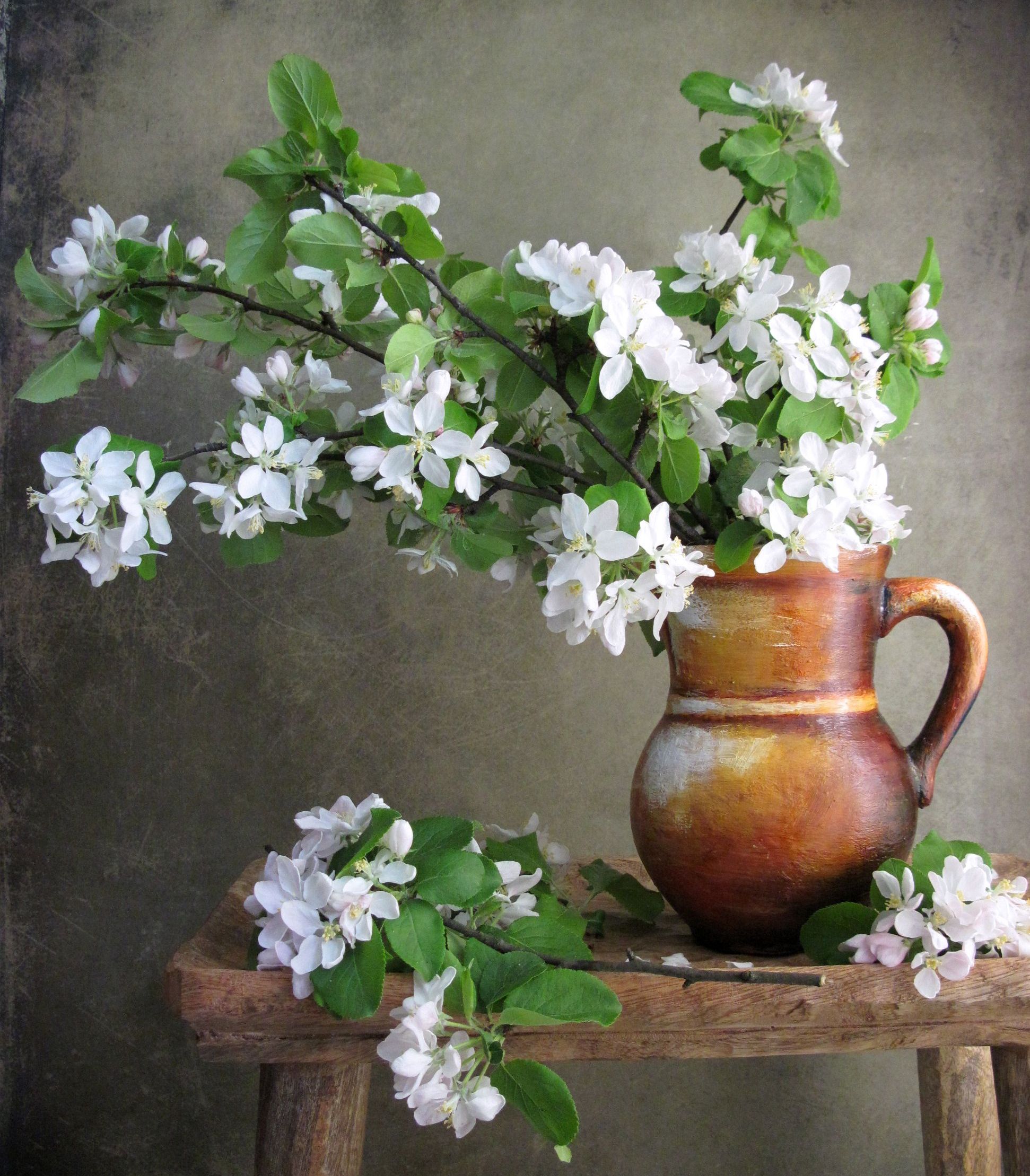 цветы, букет, ветки, яблоня, кувшин, скамья, Наталия Тихомирова