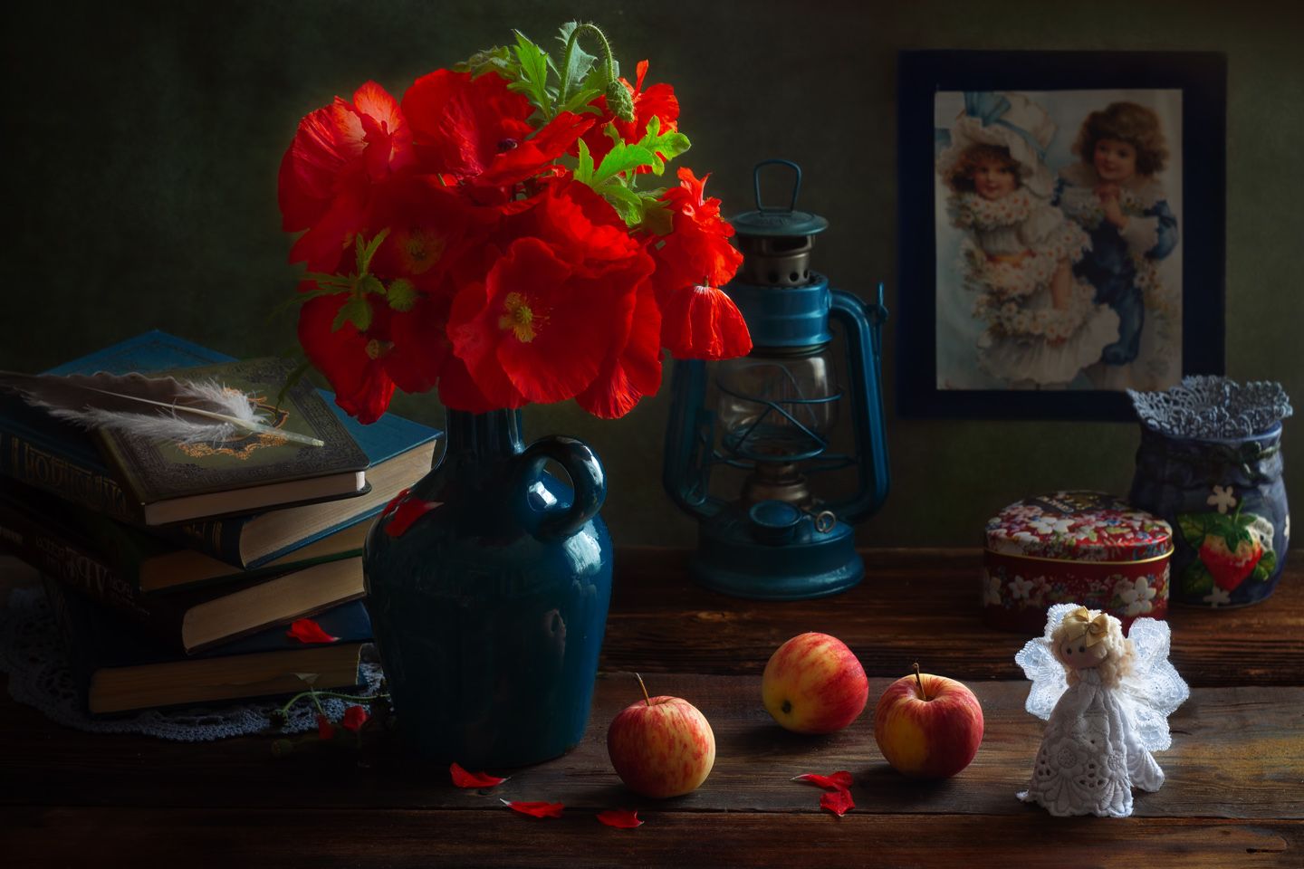 осень, цветы, маки, яблоки, ангел, Алёна Сурнина