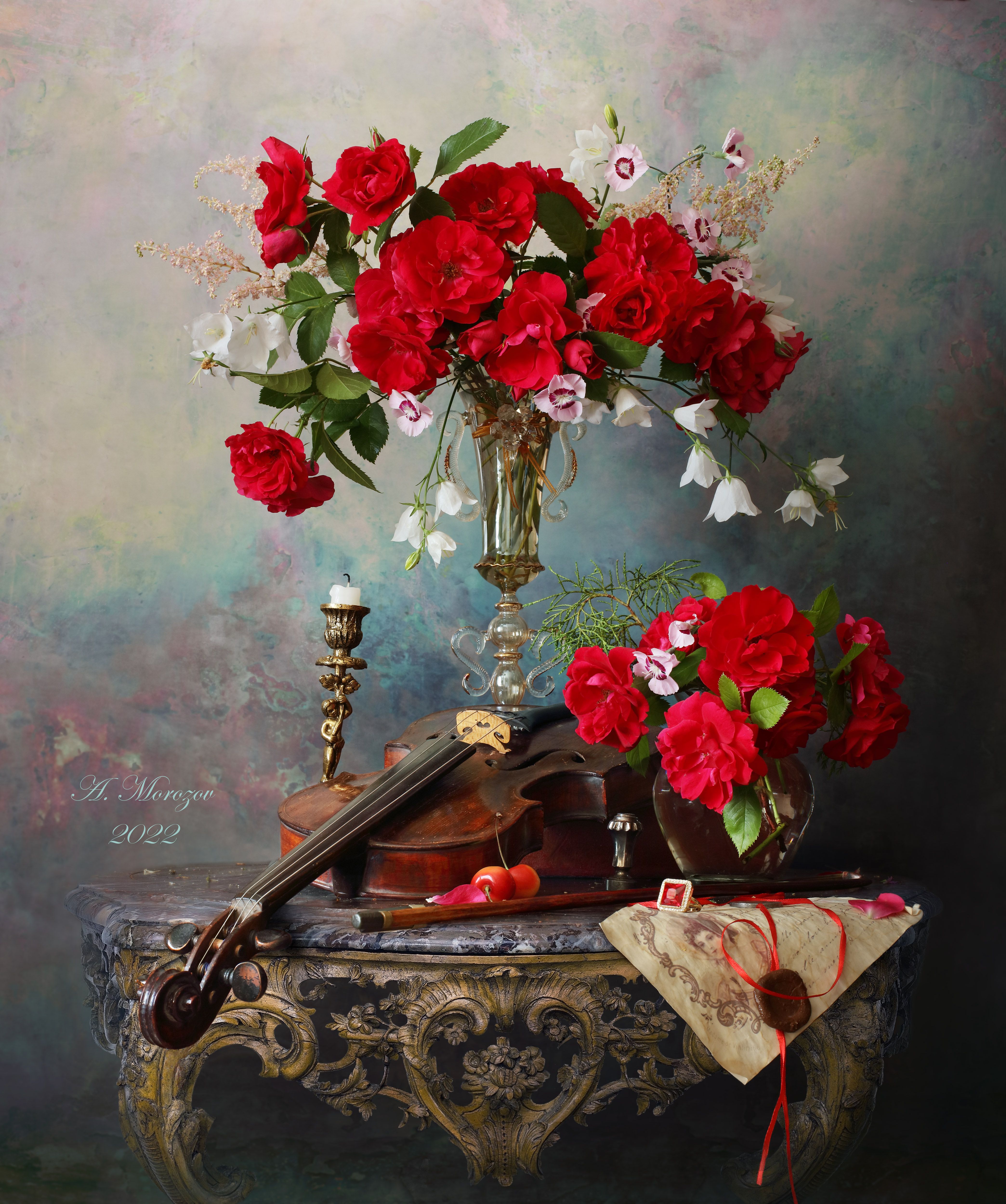 скрипка, музыка, цветы, розы, стол, история, букет, Андрей Морозов