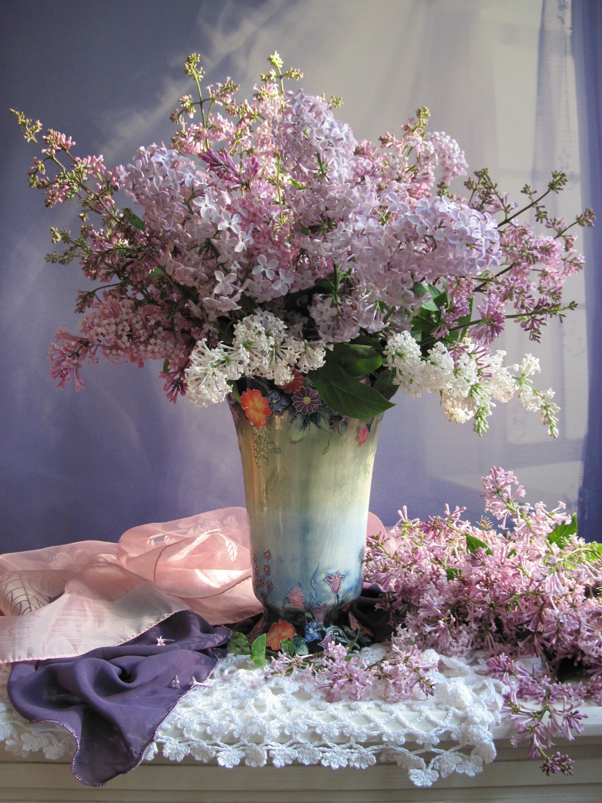 цветы, букет, сирень, ваза, керамика, салфетка, платки, Наталия Тихомирова